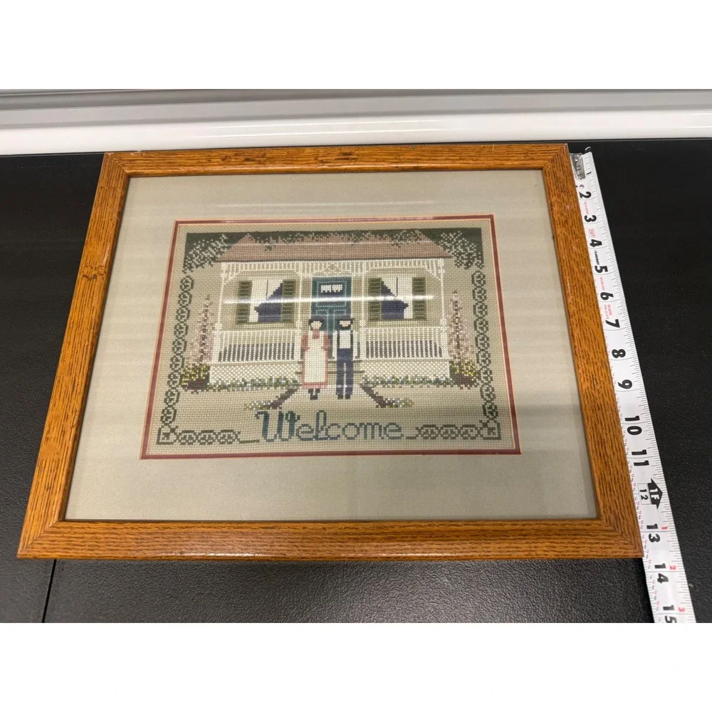 Vintage Amish Folk Art Framed Cross Stitch Set Welcome & The Auction Quilt Theme